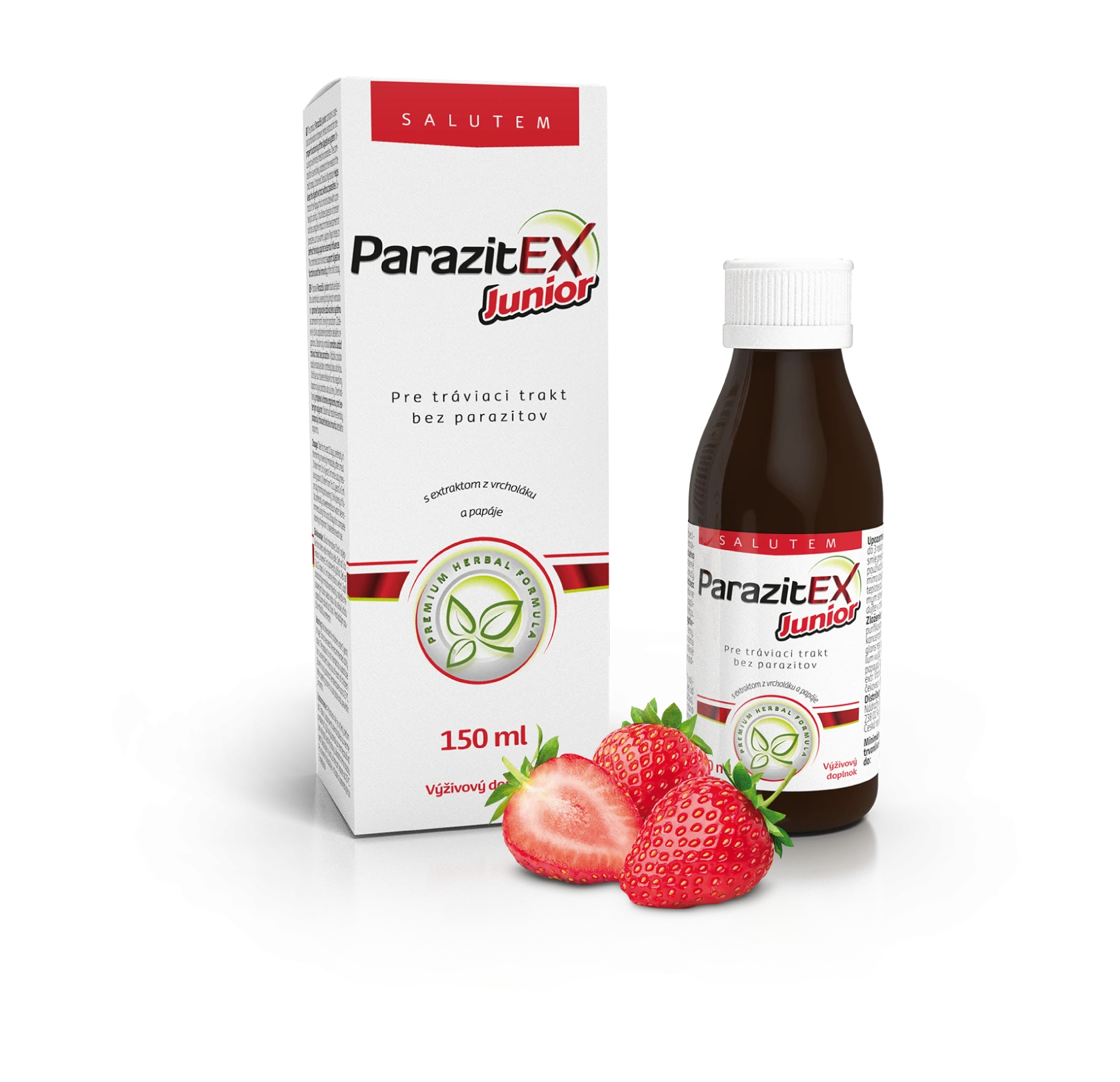 ParazitEx Junior sirup_box a lahvicka_jahoda_SK21 ParazitEx Junior sirup 150 ml - zľavnen&yacute; tovar